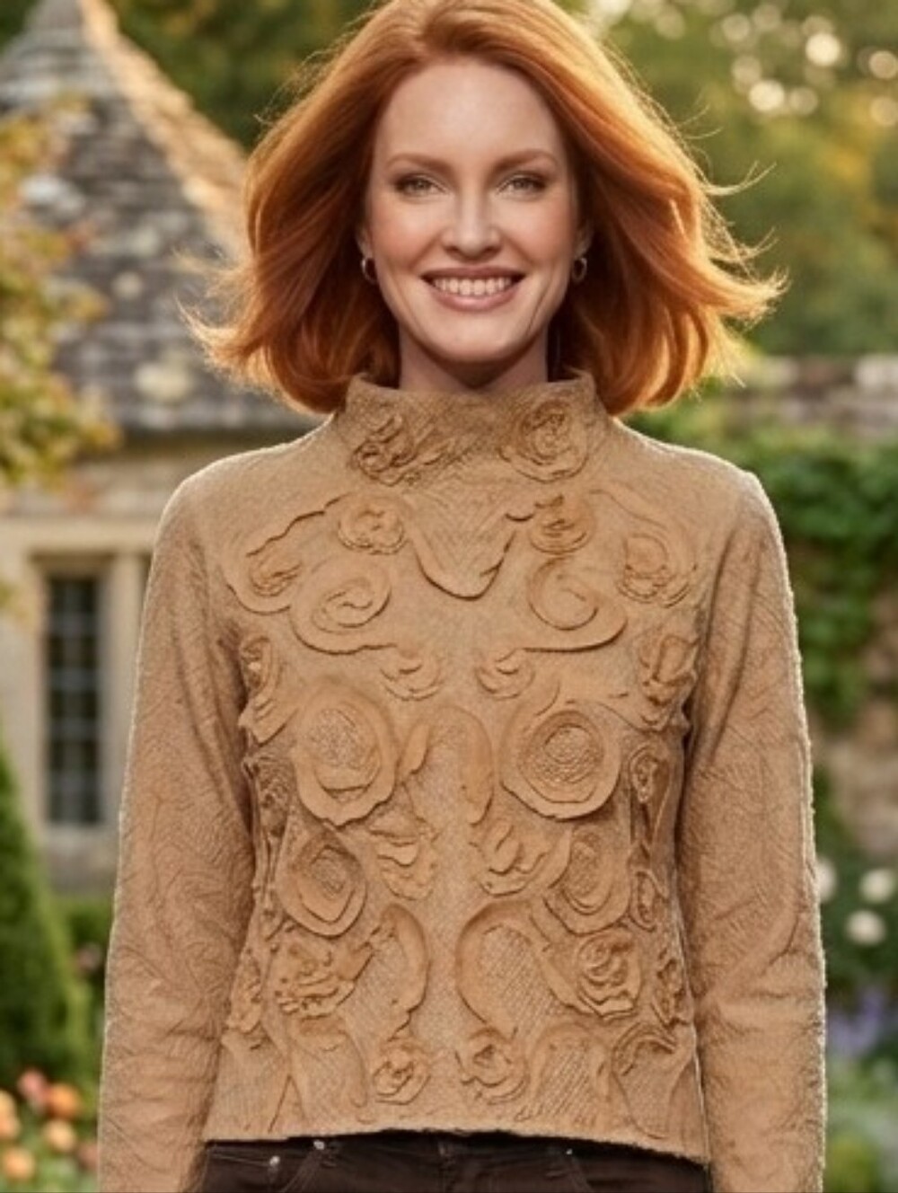 VTG Y2K Art To Wear Faux Suede Oops California Tan Crinkle Rosette Blouse Size L